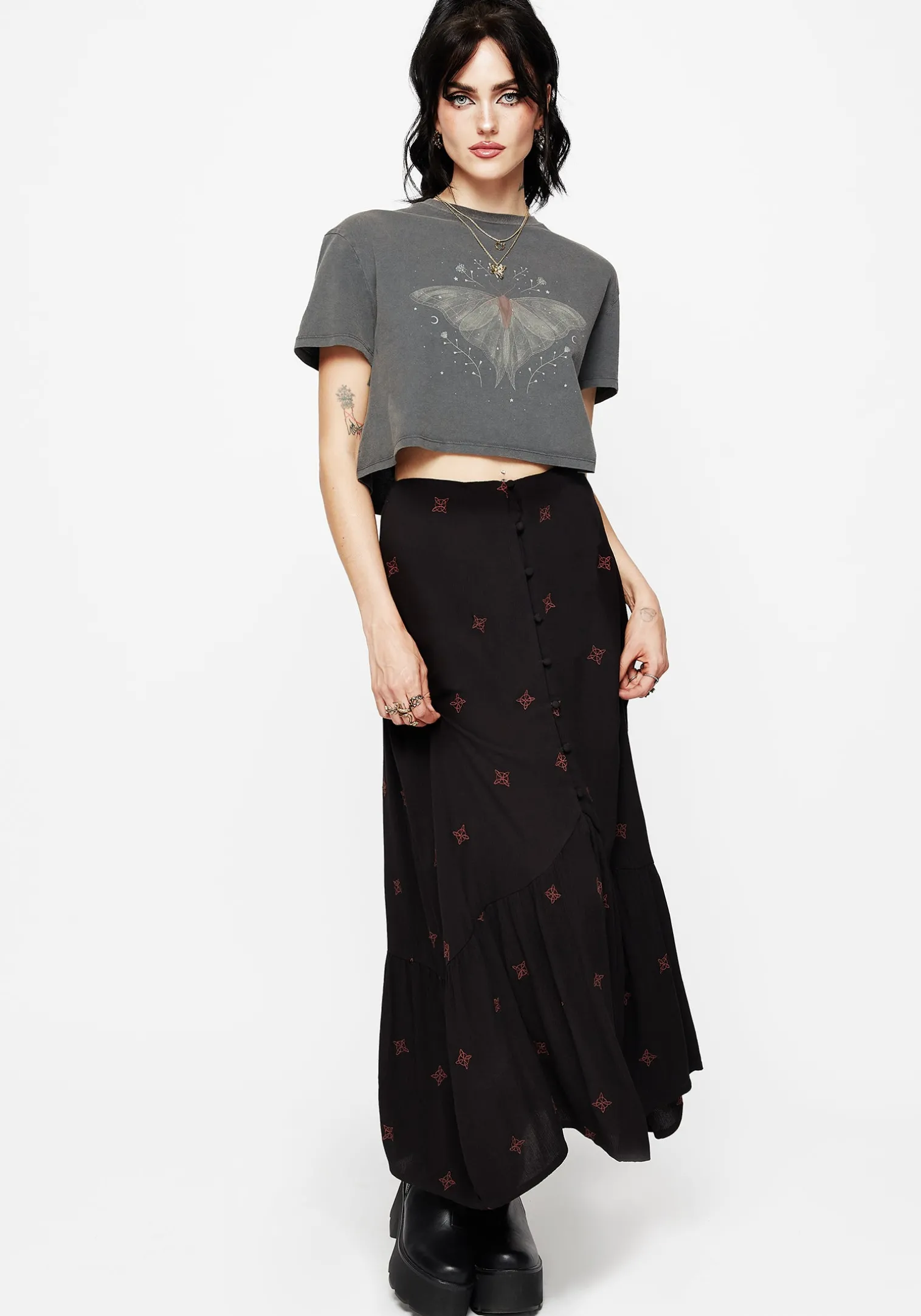 Sublime Witches Knot Embroidered Button Down Midaxi Skirt