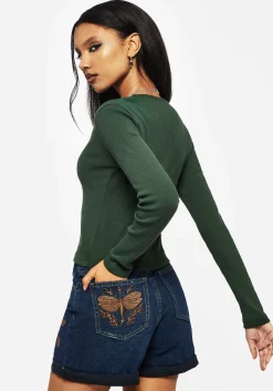 Surcantine Rib Button Up Long Sleeve Top
