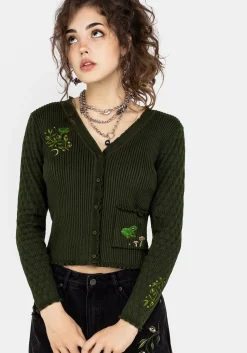 Swamplife Embroidered Pointelle Knit Crop Cardigan
