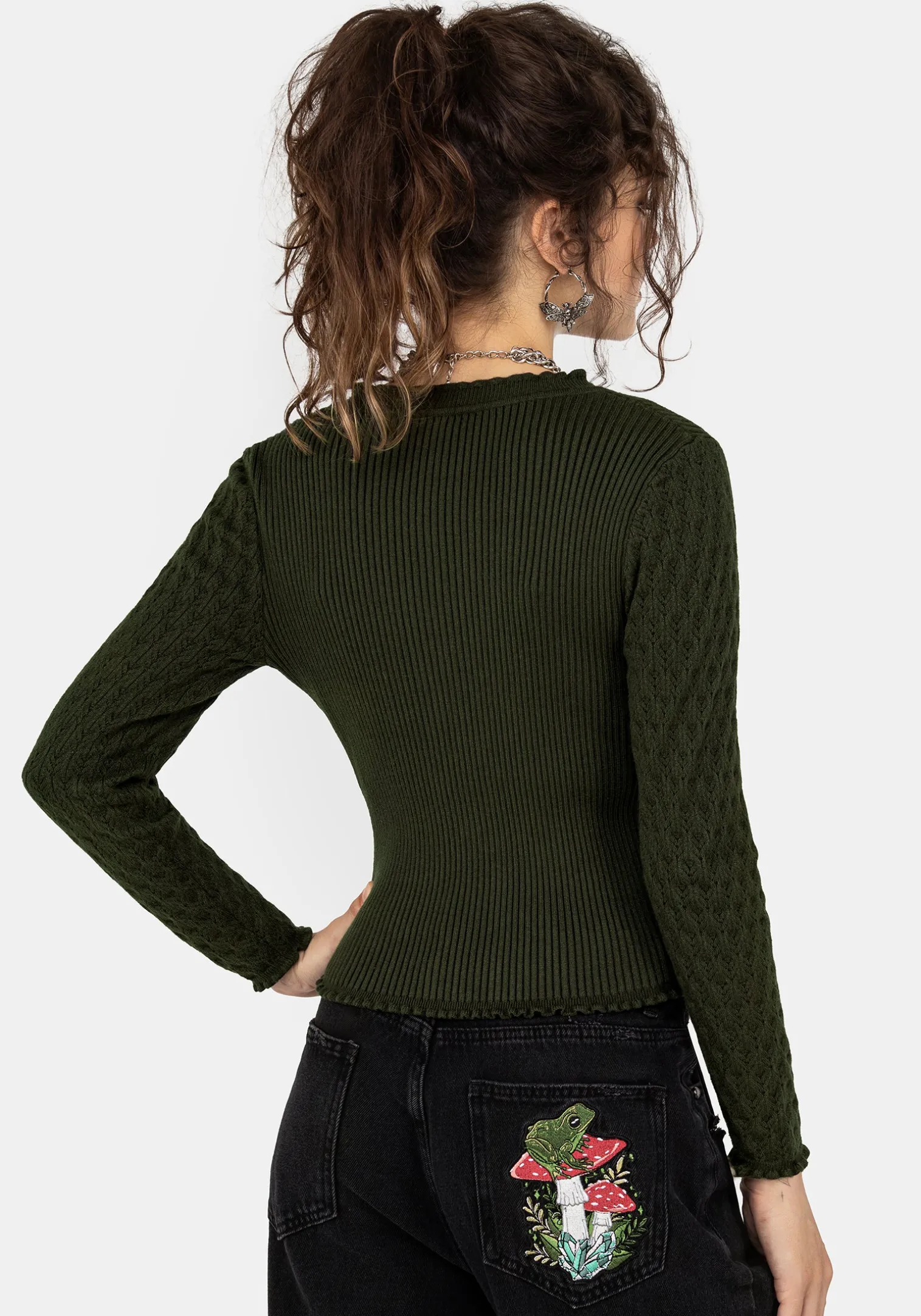 Swamplife Embroidered Pointelle Knit Crop Cardigan