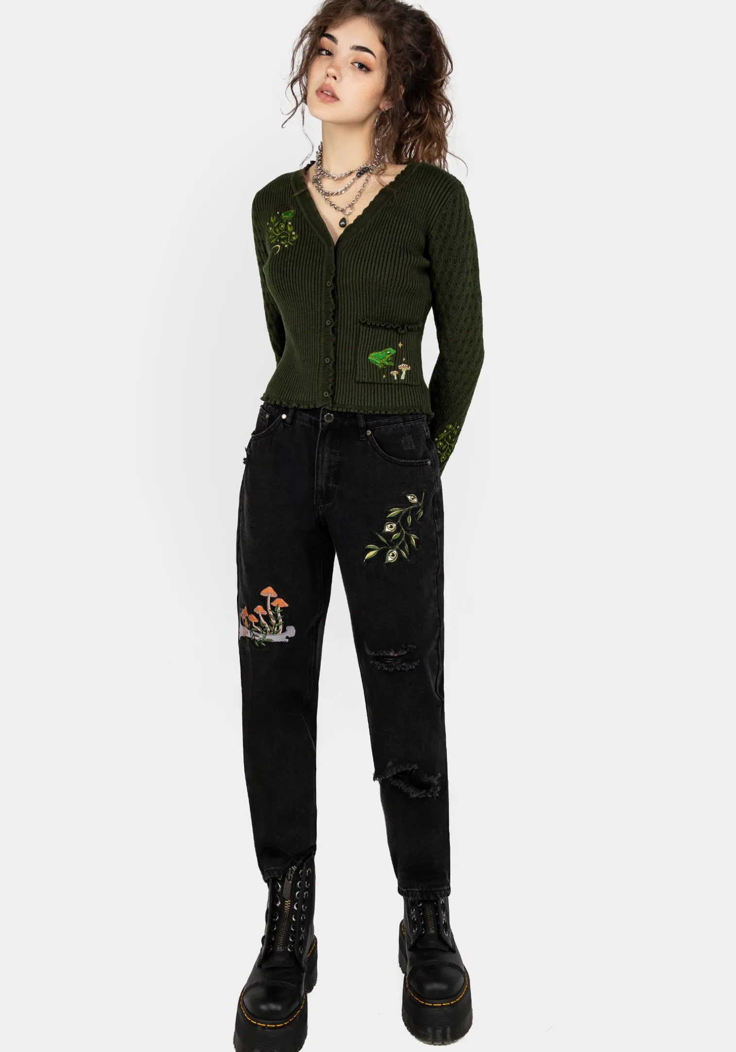 Swamplife Embroidered Pointelle Knit Crop Cardigan