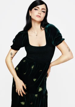 Swamplife Frog Embroidered Velour Tiered Midi Dress