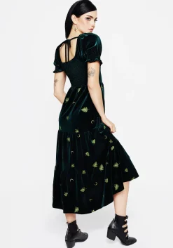 Swamplife Frog Embroidered Velour Tiered Midi Dress