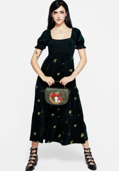 Swamplife Frog Embroidered Velour Tiered Midi Dress