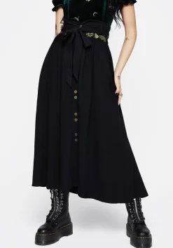 Swamplife Frog Embroidered Linen Blend High Waist Midaxi Skirt
