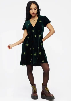 Swamplife Frog Embroidered Velour Button Up Mini Dress