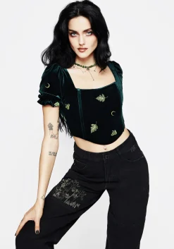 Swamplife Frog Embroidered Velour Puff Sleeve Corset Top