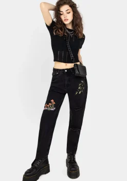 Swamplife Frog Embroidered Distressed Mom Jeans