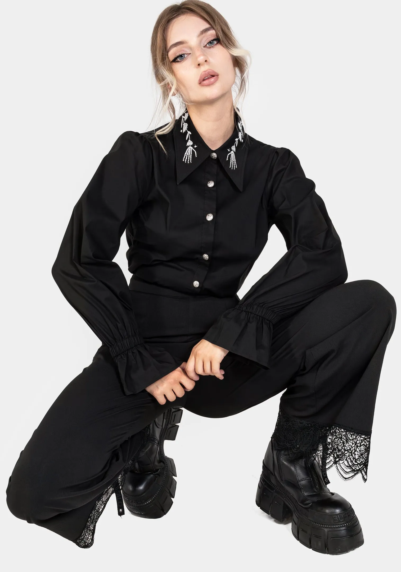 Tempora Embroidered Button Up Shirt - Black