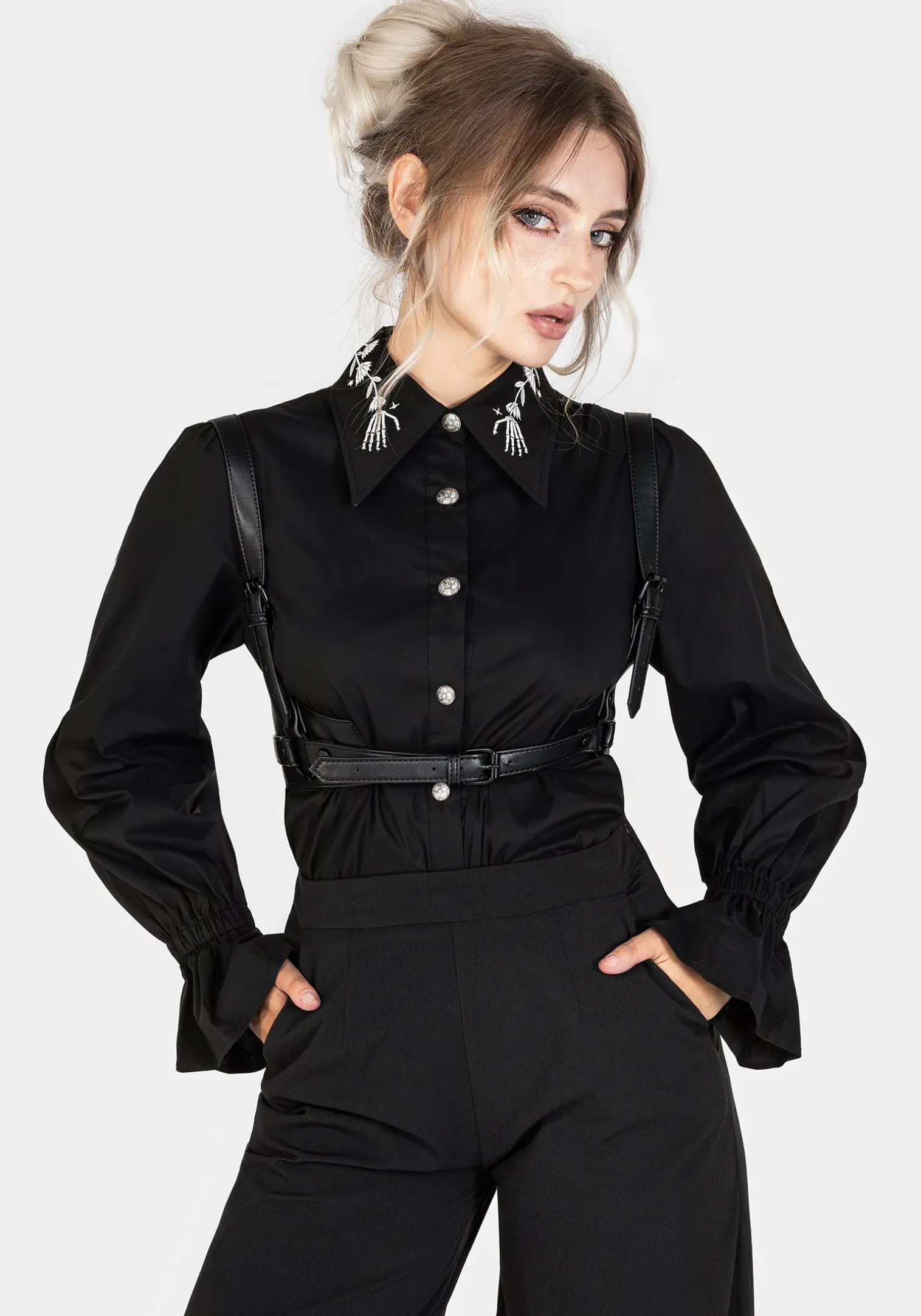 Tempora Embroidered Button Up Shirt - Black