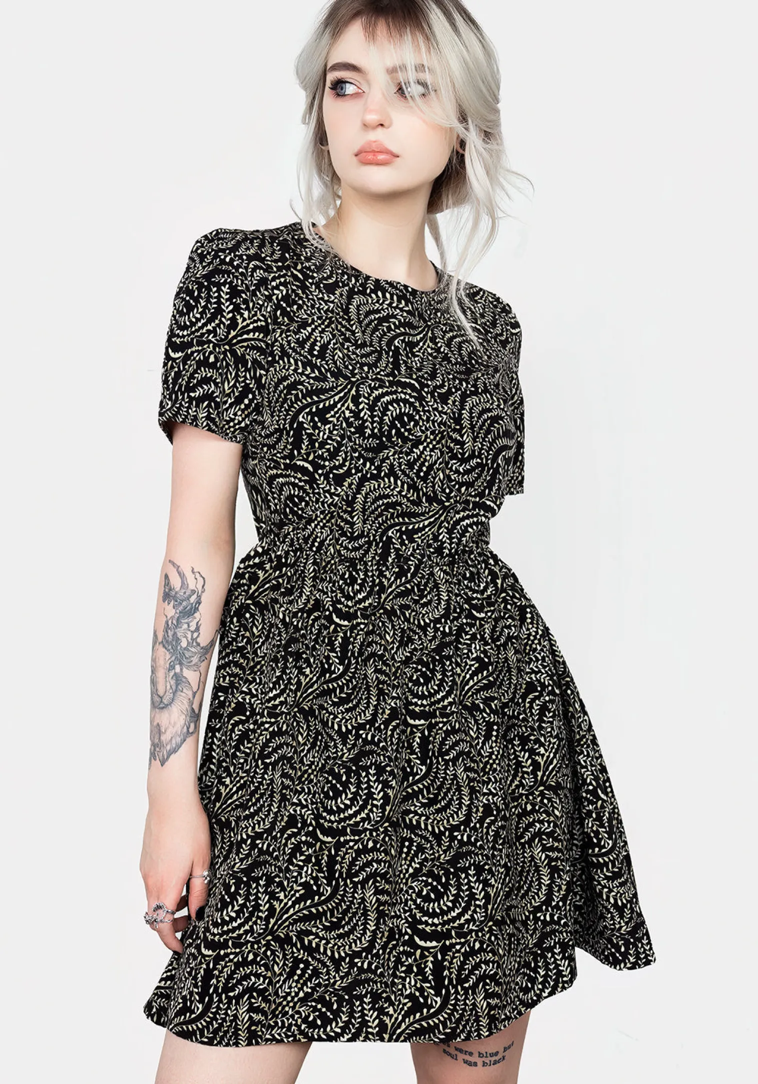Tendril Print Lace Up Back Mini Dress