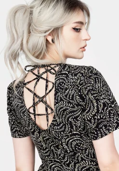 Tendril Print Lace Up Back Mini Dress