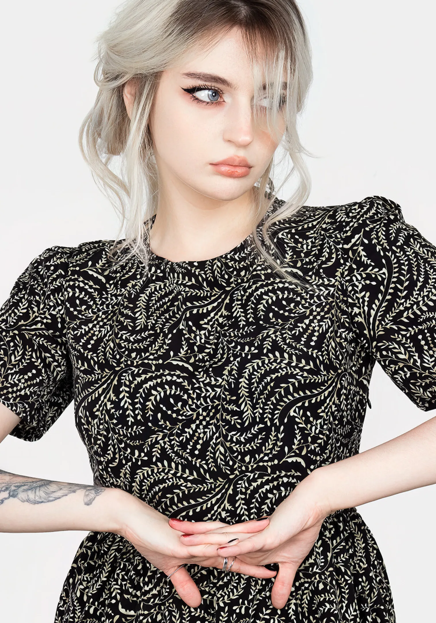 Tendril Print Lace Up Back Mini Dress