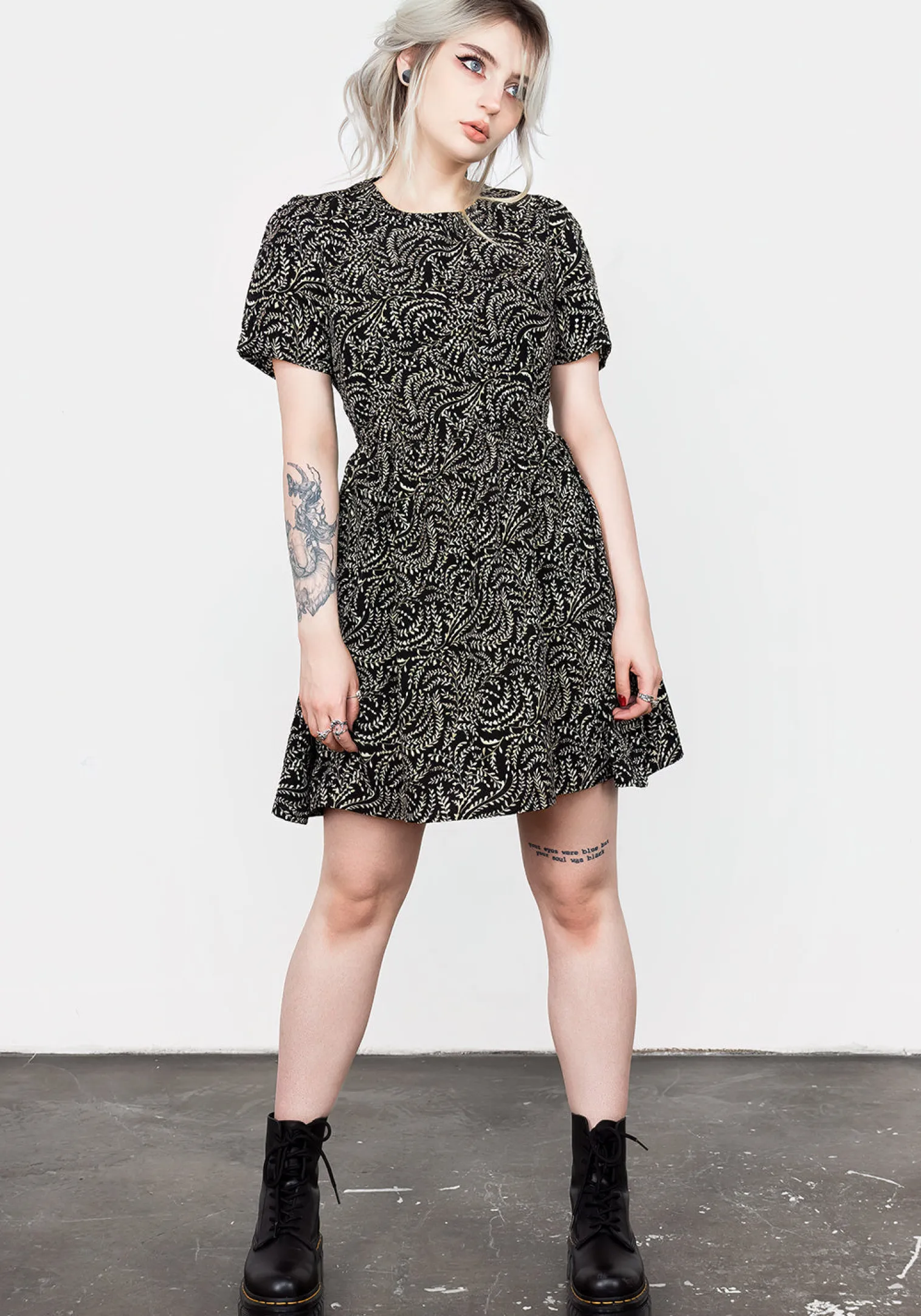 Tendril Print Lace Up Back Mini Dress