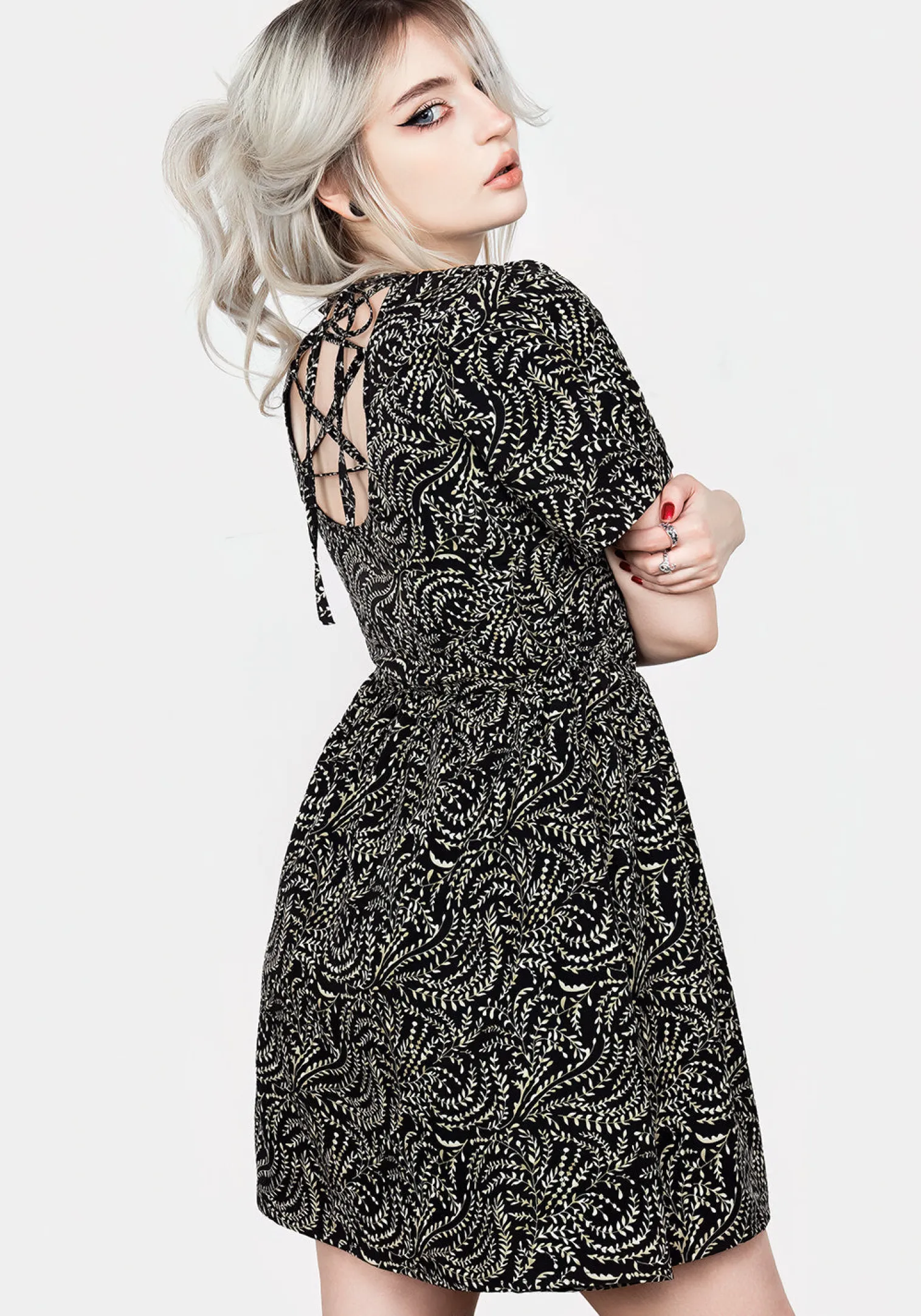 Tendril Print Lace Up Back Mini Dress