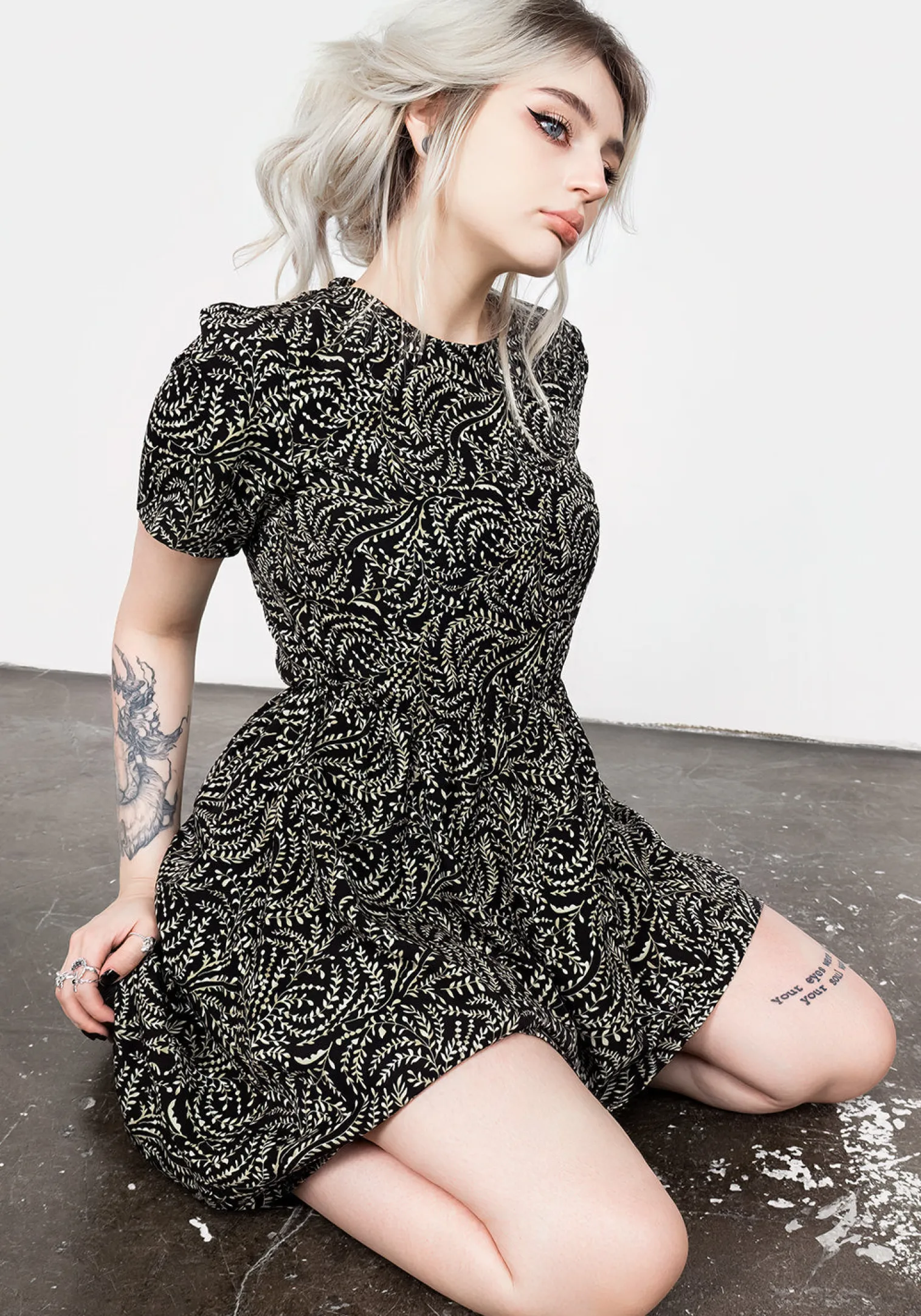 Tendril Print Lace Up Back Mini Dress