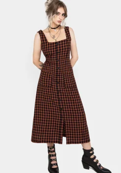 Terra Check Button Up Midaxi Dress - Orange