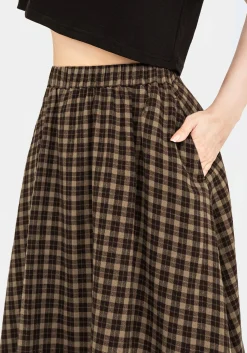 Terra Cotton Check Midi Skirt - Brown