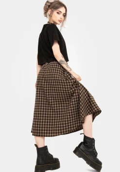 Terra Cotton Check Midi Skirt - Brown