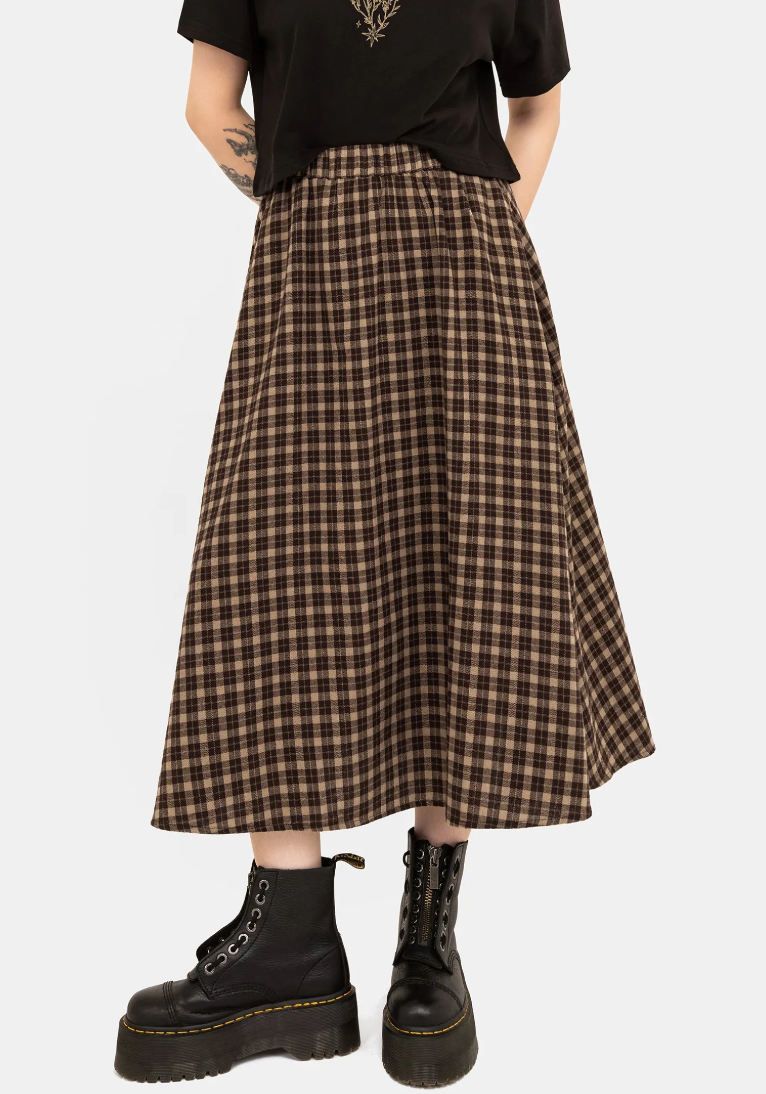 Terra Cotton Check Midi Skirt - Brown