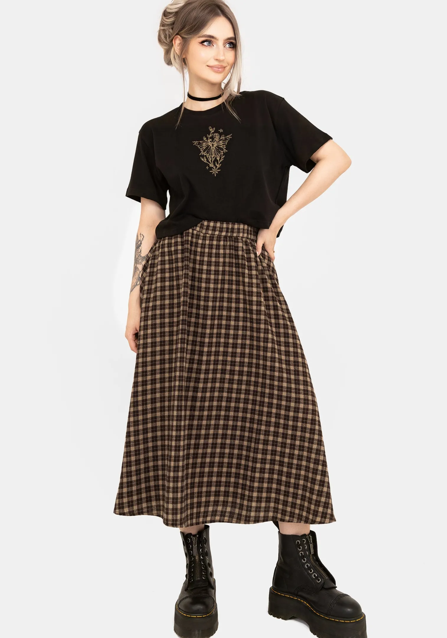 Terra Cotton Check Midi Skirt - Brown