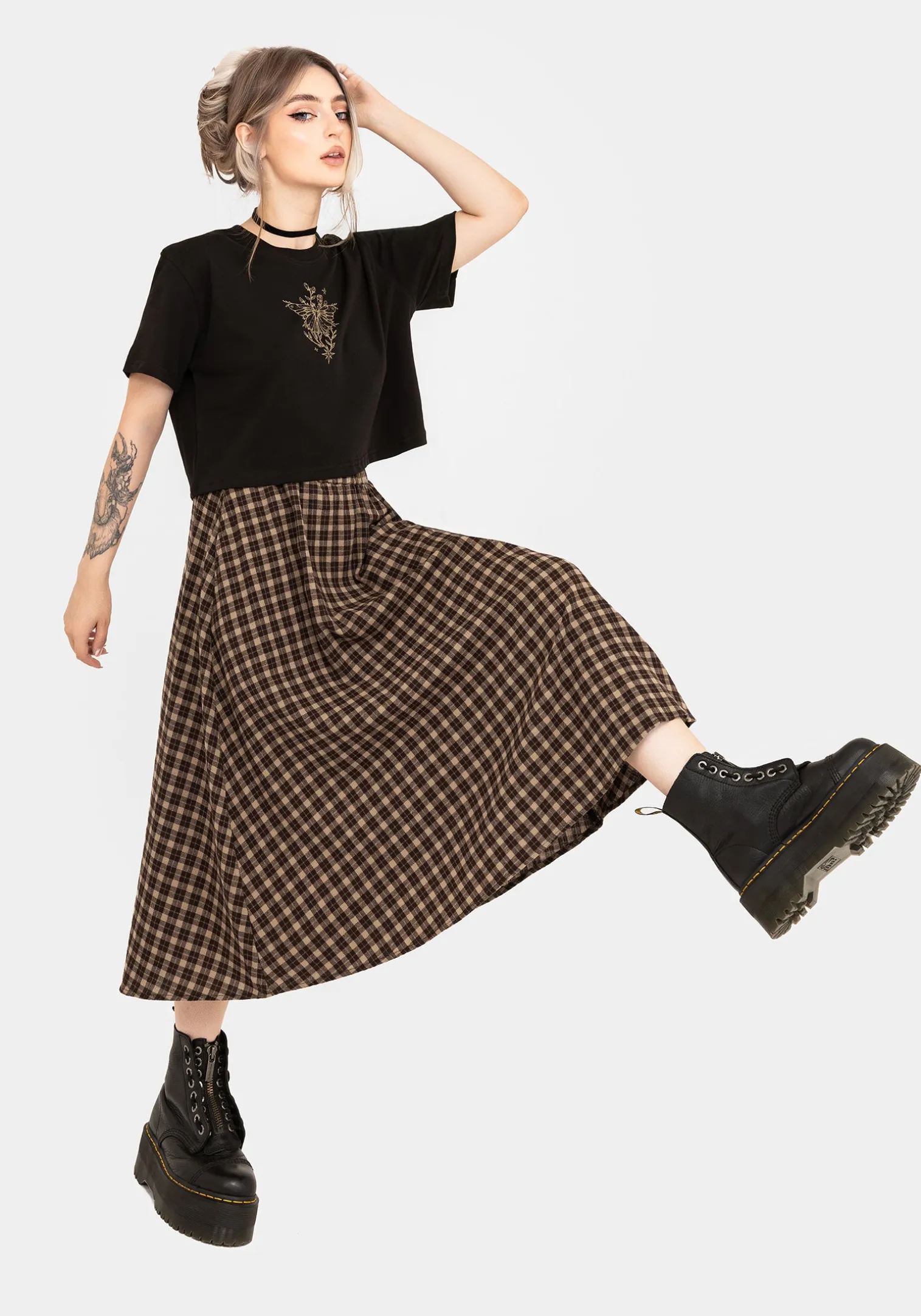 Terra Cotton Check Midi Skirt - Brown