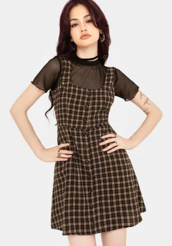 Terra Cotton Check Sleeveless Button Up Mini Dress - Brown