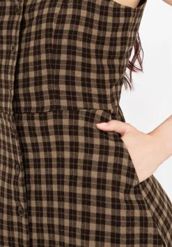 Terra Cotton Check Sleeveless Button Up Mini Dress - Brown