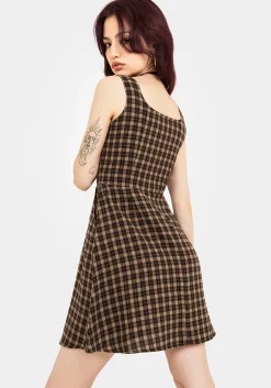 Terra Cotton Check Sleeveless Button Up Mini Dress - Brown