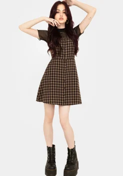 Terra Cotton Check Sleeveless Button Up Mini Dress - Brown