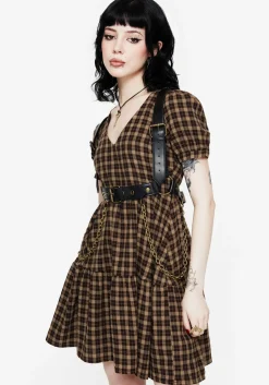 Terra Cotton Check Smock Mini Dress - Brown