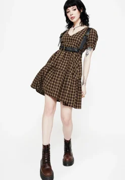 Terra Cotton Check Smock Mini Dress - Brown