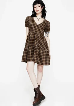 Terra Cotton Check Smock Mini Dress - Brown