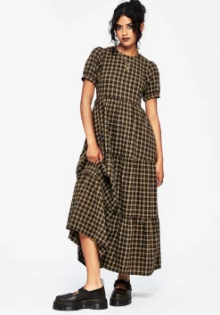 Terra Cotton Check Smock Midaxi Dress - Brown