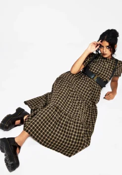 Terra Cotton Check Smock Midaxi Dress - Brown