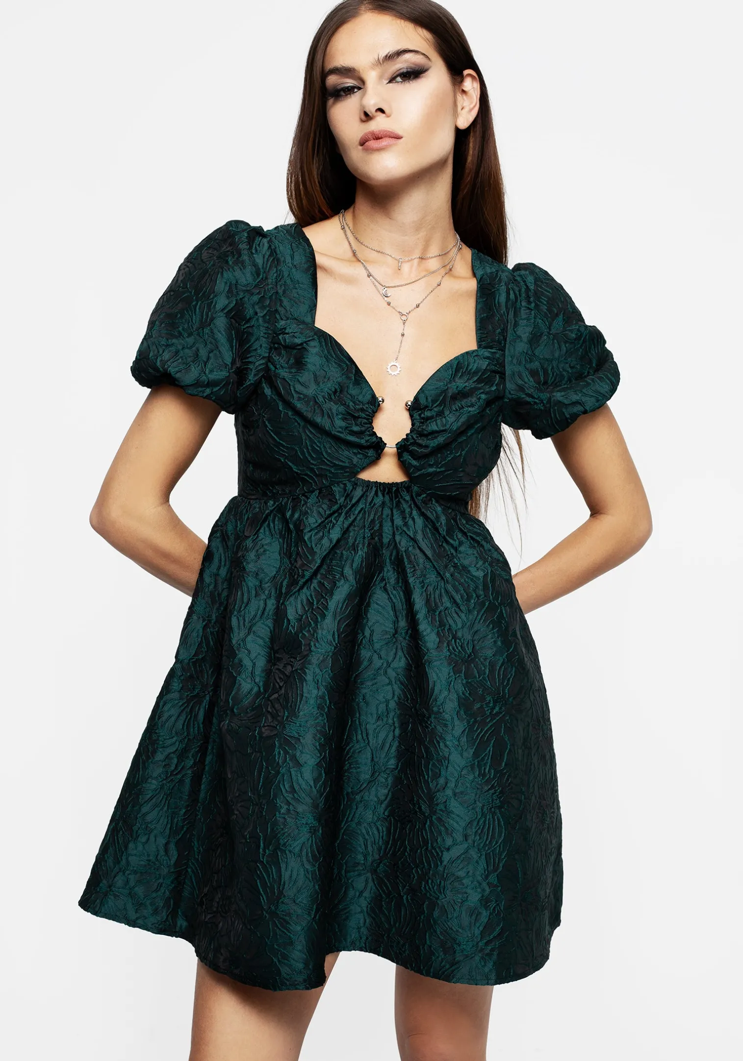 Tiffany Jacquard Puff Sleeve Mini Dress - Green