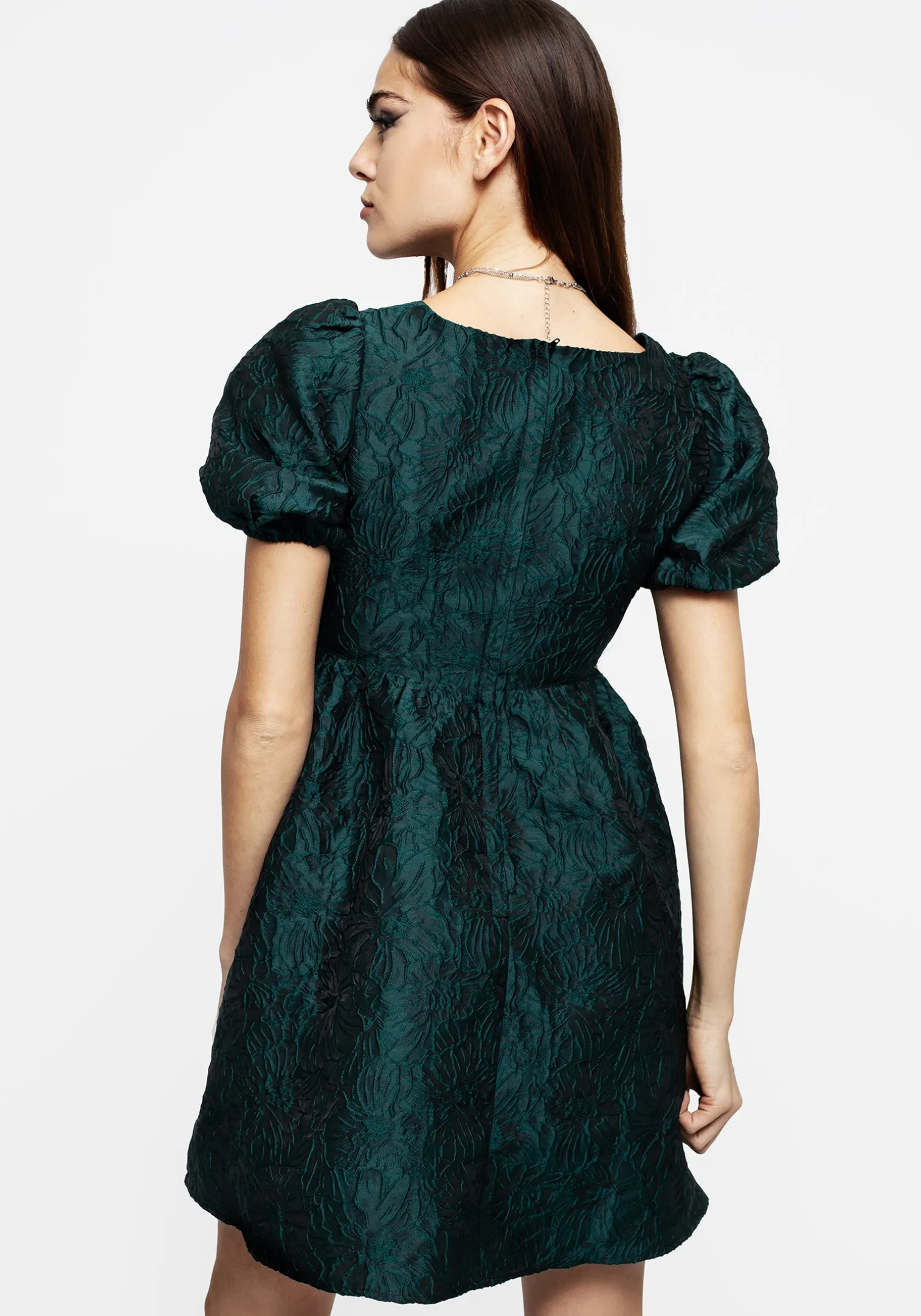 Tiffany Jacquard Puff Sleeve Mini Dress - Green