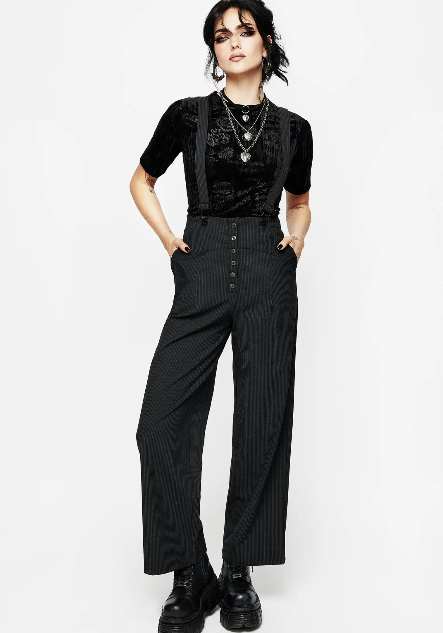 Tilda High Waist Wide Leg Pinstripe Suspender Trousers