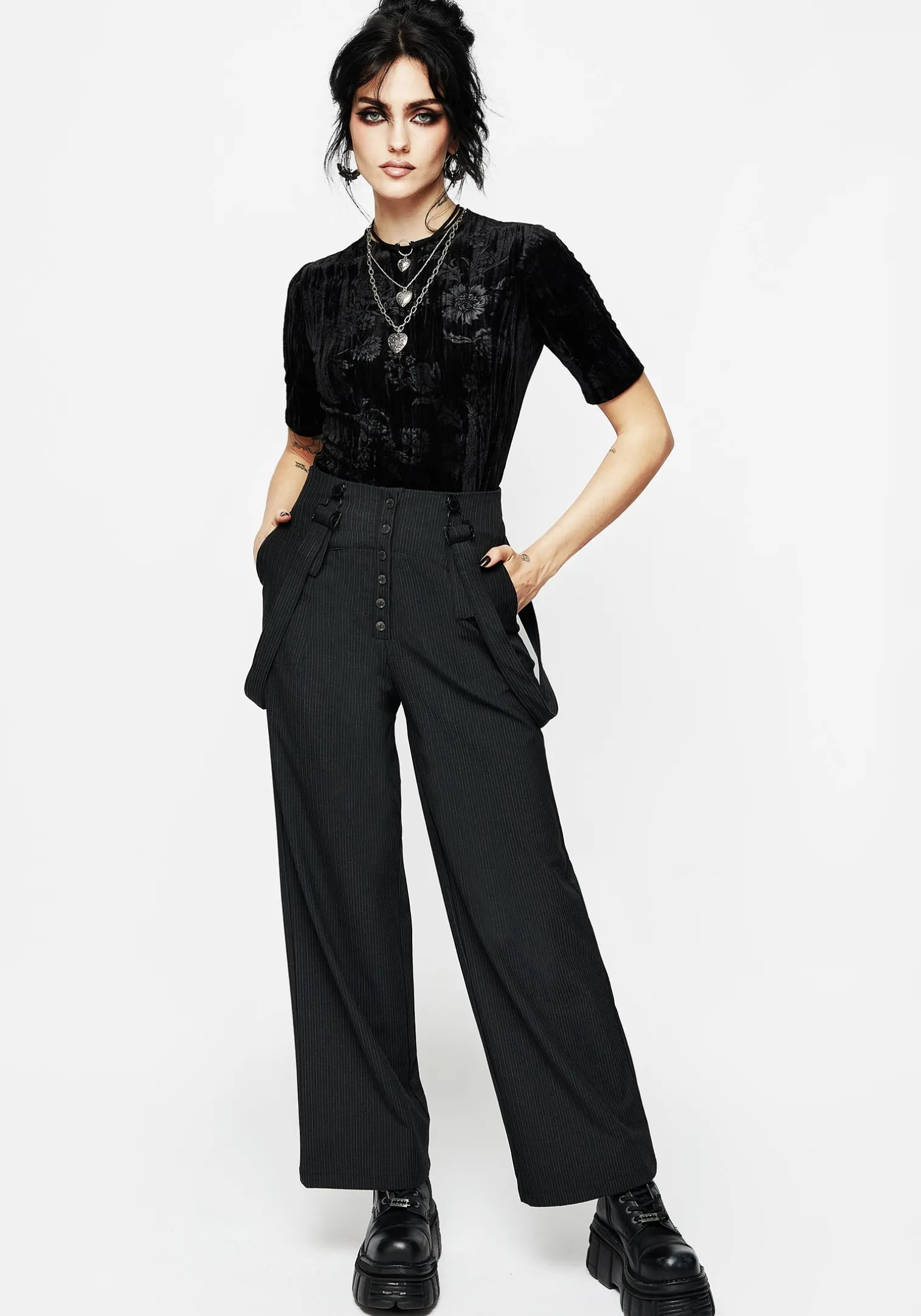 Tilda High Waist Wide Leg Pinstripe Suspender Trousers