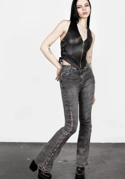 Tramp Washed Lace up Flared Jeans