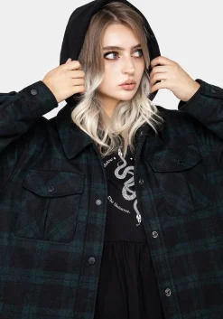 Trellis Hooded Pocket Wool Blend Check Shacket