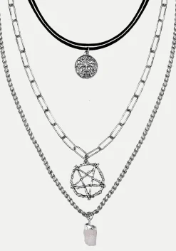 Triune 3 Layered Necklace Pentagram and Crystal