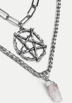 Triune 3 Layered Necklace Pentagram and Crystal