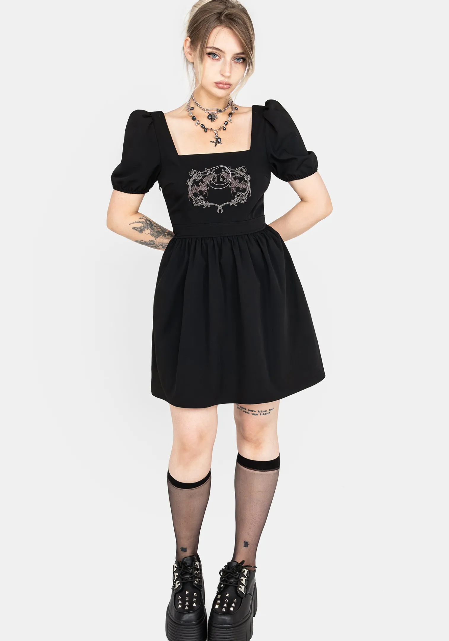 Vampyrum Bat Embroidered Puff Sleeve Mini Dress