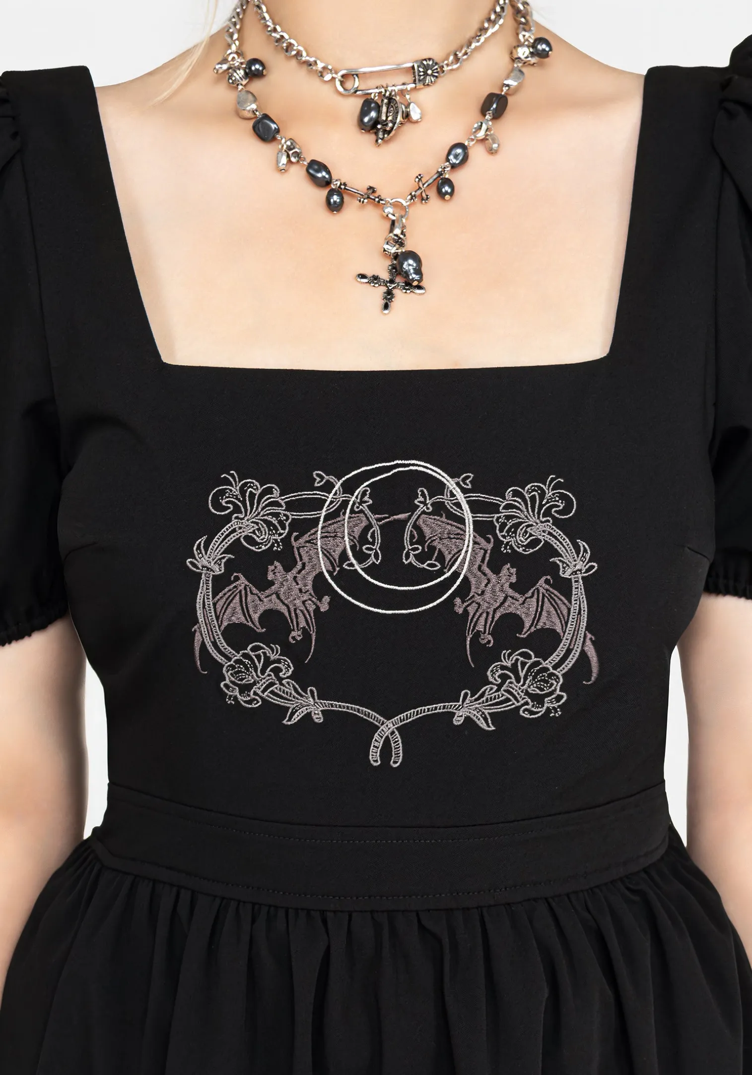 Vampyrum Bat Embroidered Puff Sleeve Mini Dress