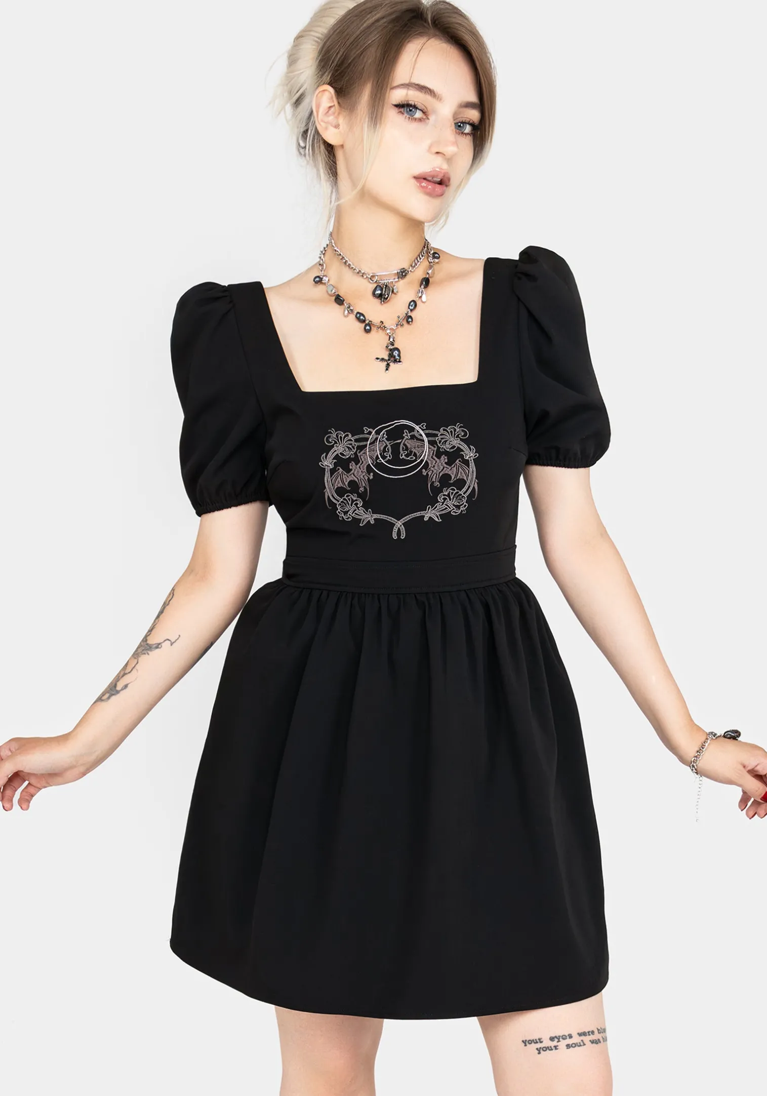 Vampyrum Bat Embroidered Puff Sleeve Mini Dress