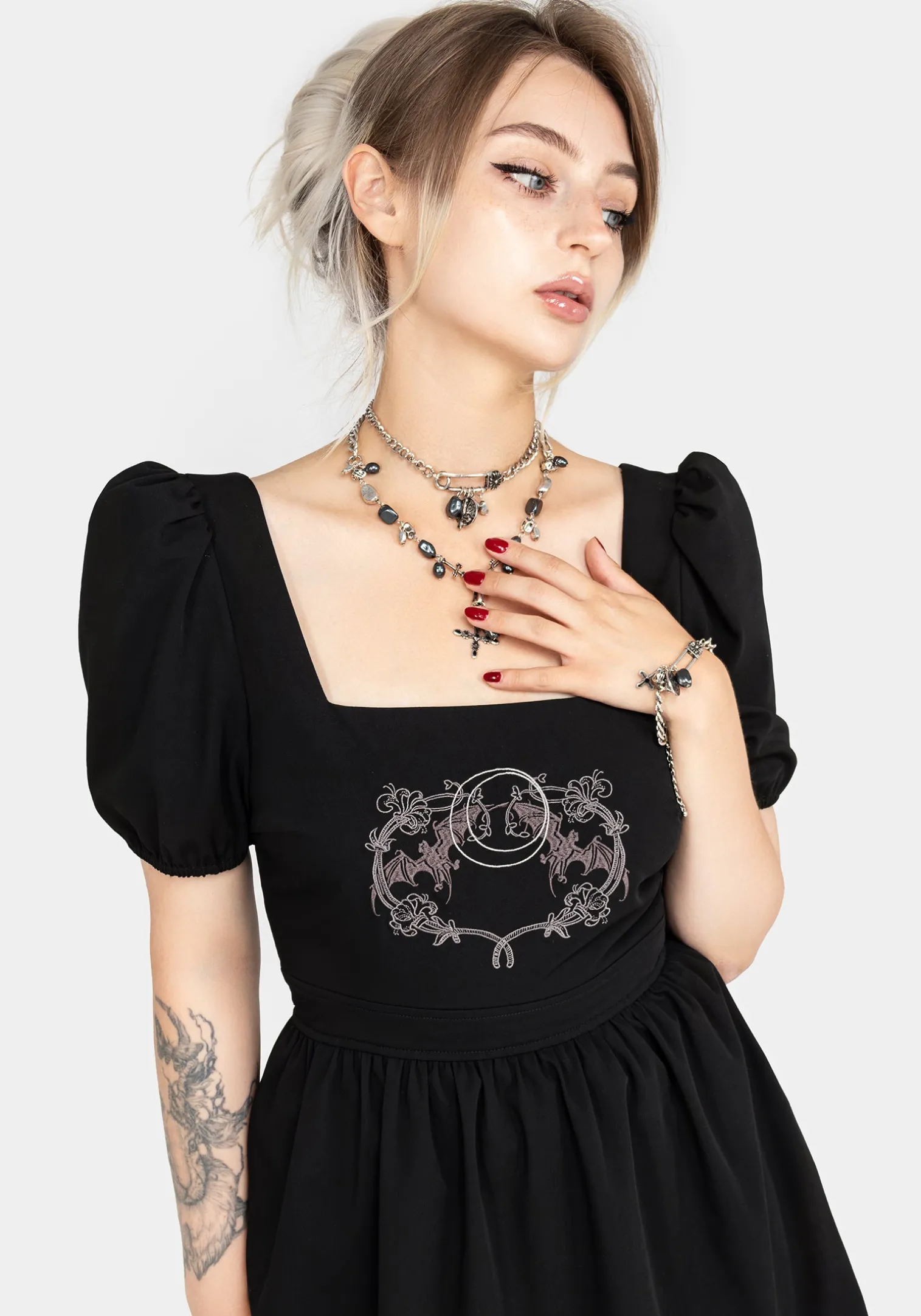 Vampyrum Bat Embroidered Puff Sleeve Mini Dress