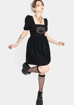 Vampyrum Bat Embroidered Puff Sleeve Mini Dress