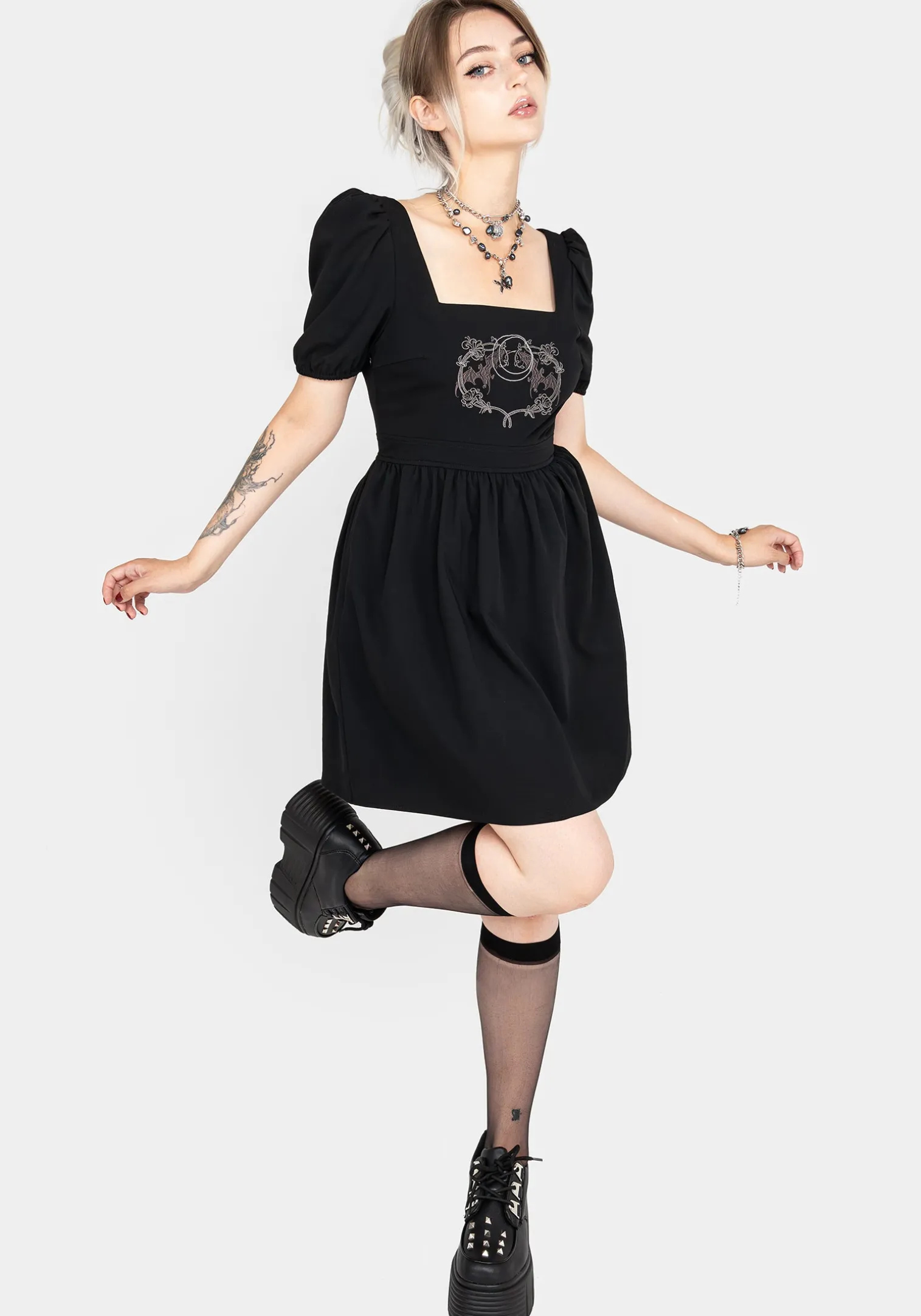 Vampyrum Bat Embroidered Puff Sleeve Mini Dress
