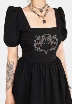 Vampyrum Bat Embroidered Puff Sleeve Mini Dress